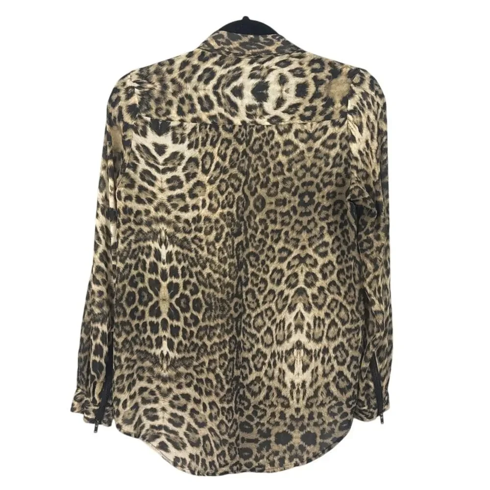 The Kooples Silk Leopard Print Asymmetric Zip Blouse Women's S French Designer - Picture 3 of 9
